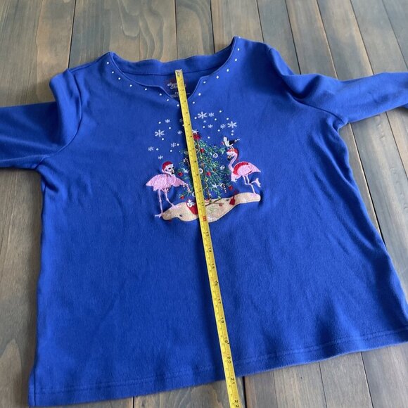 Allyson Whitmore Blue Beach Holiday Christmas Flamingos Shirt - Size PXL/M (XM1) - Picture 6 of 9